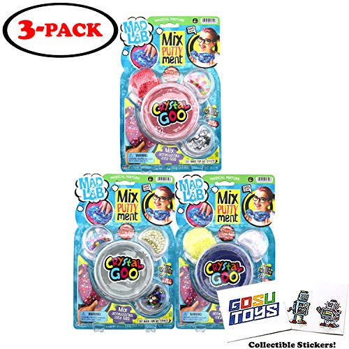 Mad Lab Mix Putty Crystal Glitter Slime Goo Assorted Accessories Beads Foam Crunchy Stretchy Squishy 3 Pack Educational Stress Relief Toy and Sensory Stimulation with 2 GosuToys Stickers