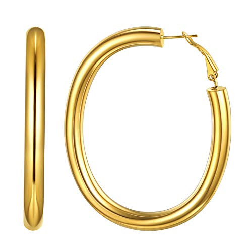 GoldChic Jewelry 50mm Large Oval Tube Hoop Earrings Gold18K Gold PlatedStainless Steel Geometric Hoop Earrings for Women