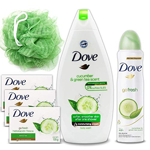 Dove Go Fresh Gift Pack 23 Oz Cucumber And Green Tea Scent Shower Gel Body Wash 5 Oz Dove AntiPerspirant Deodorant Spray For Women 3 Pack 475 Oz Beauty Bar Soap HeroFiber Green Loofah Sponge Puff
