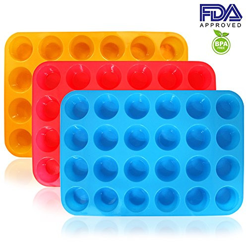 DanziX 3 Pack Silicone Mini Muffin Pan, Silicone Muffin Tins Baking Molds, 24 Cups Silicone Mold Cupcake Baking Pan (Orange, Red, Blue)