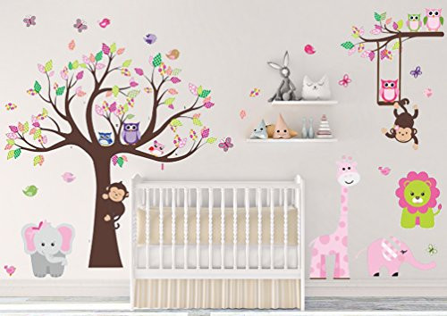 Dekosh Kids Pink Jungle Theme Peel & Stick Girl Nursery Wall Decal, Colorful Owl Giraffe Lion Tree Decorative Sticker for Baby Bedroom, Playroom Mural Dekosh Kids Pink Jungle Theme Peel & Stick Girl Nursery Wall Decal, Colorful Owl Giraffe Lion Tree Decorative Sticker for Baby Bedroom, Playroom Mural