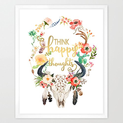Eleville 8X10 Think happy thoughts Real Gold Foil and Floral Watercolor Art Print(Unframed) Quote Art Wall Art Home Decor Motivational Poster housewarming gift Holiday Birthday Wedding Gift WG033