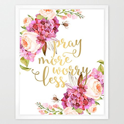 Eleville 8X10 Pray more worry less Real Gold Foil and Floral Watercolor Art Print(Unframed) Housewarming Gift Christian Art Bible Verse Motivational Birthday Wedding Holiday WG081