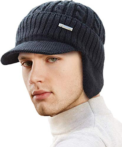 LCZTN Mens Outdoor Winter Visor Beanie Hat with Earflaps Fleece Lined Knit Brimmed Ski Cap Black