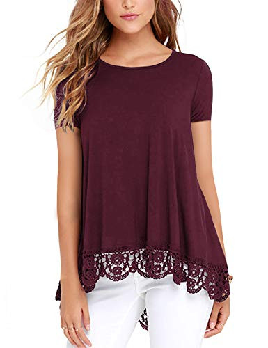 DOSWODE Womens Tops Short Sleeve Lace Trim ONeck ALine Tunic Blouse Shirts Wine Red S