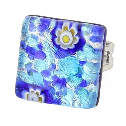 GlassOfVenice Murano Glass Venetian Reflections Square Adjustable Ring  Aqua Blue