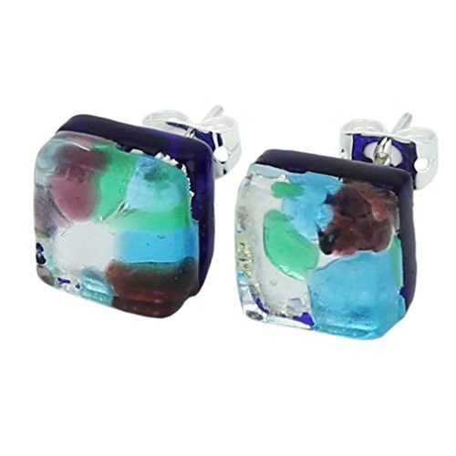 GlassOfVenice Murano Glass Venetian Reflections Square Stud Earrings  Silver Meadow