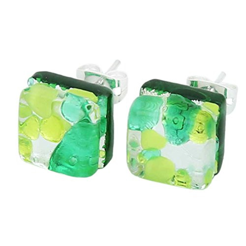GlassOfVenice Murano Glass Venetian Reflections Square Stud Earrings  Green Silver