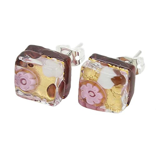 GlassOfVenice Murano Glass Venetian Reflections Square Stud Earrings  Purple Gold