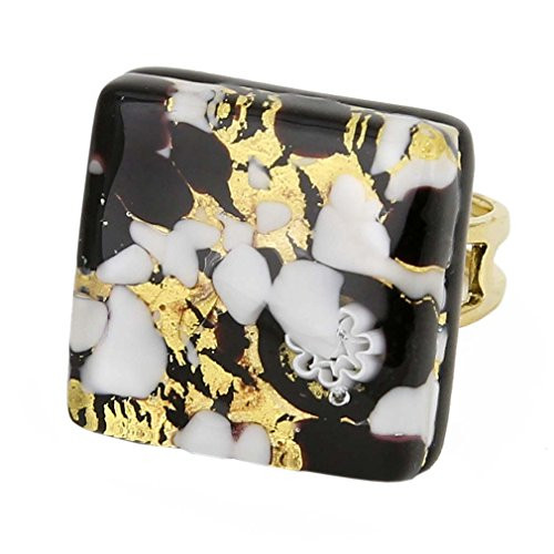 GlassOfVenice Murano Glass Venetian Reflections Square Adjustable Ring  Black Gold