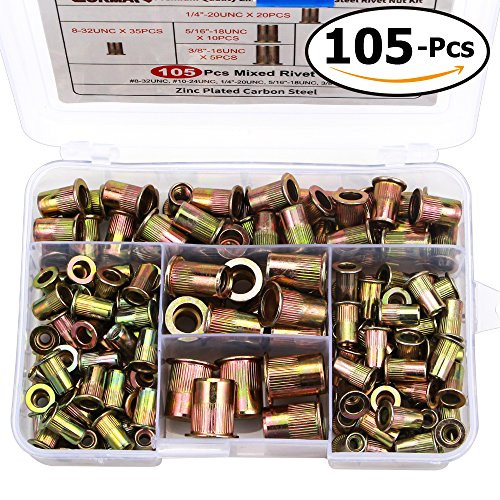 Rivet Nut, LOKMAN 105PCS Assort 8-32UNC 10-24UNC 1/4"-20UNC 5/16"-18UNC 3/8"-16UNC Carbon Steel Flat Head Rivnut Threaded Insert Nut Kit, Knurled Body (Rivet Nut Kit 2)