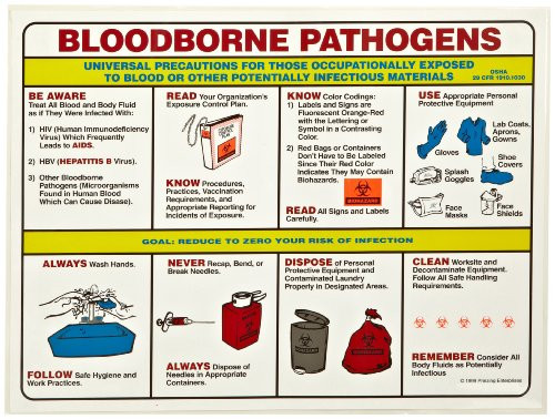 Brady PS125E 18 Height 24 Width Laminated Paper Black Red Blue Yellow On White Color Prinzing Biohazard Safety Poster Legend Bloodborne Pathogens Universal Precautions For Those