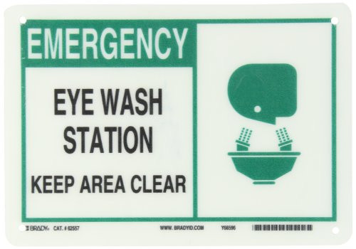 Brady 62557 10 Width x 7 Height B120 Premium Fiberglass Green and Black on White Alert Sign Header Emergency Legend Eye Wash Station Keep Area Clear with Picto