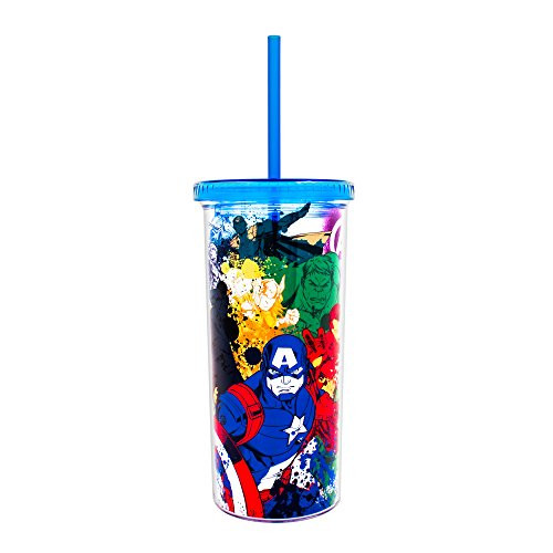 Silver Buffalo AV11068F Marvel Avengers Group Line Art Splash Plastic Tall Cold Cup with Lid and Straw, 20 oz, Multicolor