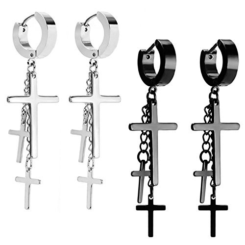 JewelrieShop Cross Tassel Stainless Steel Urban Huggie Hinged Hoop Dangle Earrings JewelrieShop Cross Tassel Stainless Steel Urban Huggie Hinged Hoop Dangle Earrings
