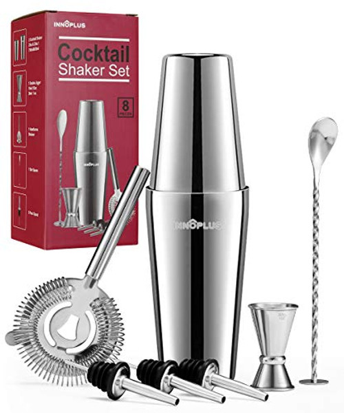 Cocktail Shaker Martini Shaker Drink Shaker Cocktail Shaker Set 8 Piece Boston Shaker Bar Set Cocktail Strainer Bar tools Bartender Kit Stainless Steel Double Measuring Jigger Mixing Spoon