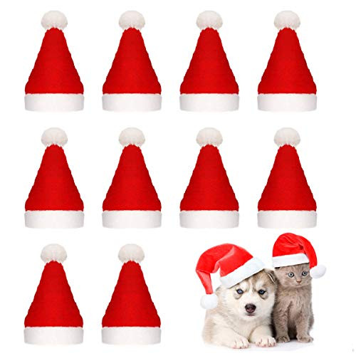 Beiabang 10 Pcs Dog Cat Pet Santa Hat Christmas Pet Costumes Santa Hat Pet Christmas Photo Props with a Christmas Drawstring Gift Bag for Puppy Kitten Small Cats Dogs