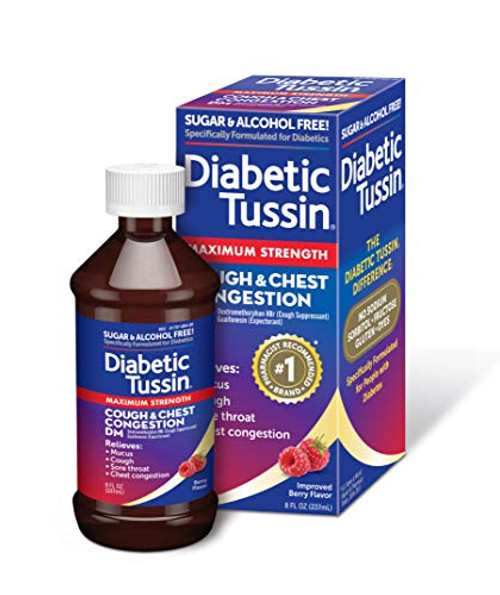 Diabetic Tussin DM Maximum Strength Cough and Chest Congestion Relief Liquid Cough Syrup Safe for Diabetics Berry Flavored 8 Fluid Ounce