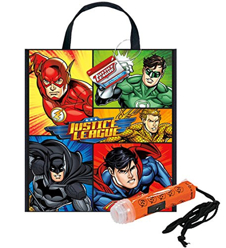 Justice League Featuring Batman  Superman Happy Halloween Trick or Treat Candy Loot Bag Plus Bonus Safety First Mini Halloween Flashlight Necklace