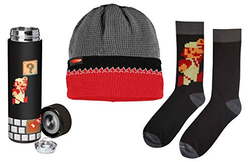 Dungeon Super Mario Bros Classic 3 Piece Fire Lava Socks Beanie and Stainless Steel Water Bottle Gift Bundle