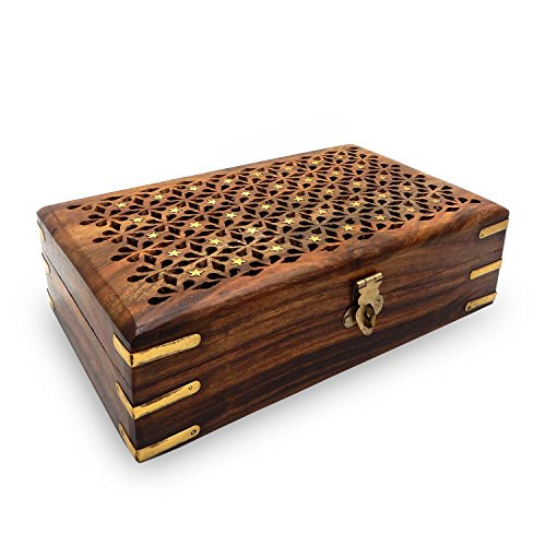 WhopperIndia Handmade Wooden Jewelry Storage Box, Vintage Keepsake Organizer Box with Brass Inlay Unique Star Design 6 X 4 Inch WhopperIndia Handmade Wooden Jewelry Storage Box, Vintage Keepsake Organizer Box with Brass Inlay Unique Star Design 6 X 4 Inch