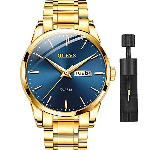 Blue and Gold Mens WatchStainless Steel Mens Watches Day and DateDress Watches for Men Blue DialMens Watch Fashion Simple Wrist WatchesOLEVS Casual Classic Quartz Waterproof Wrist Watches