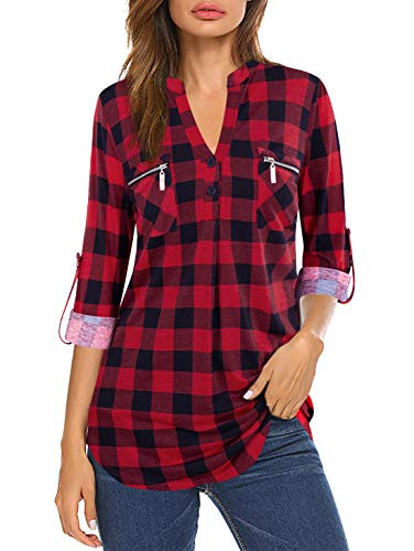 Siddhe Women RollUp 34 Sleeve Red Plaid Tunic Shirts Button Up V Neck Casual Pullover Blouses Fall Winter Tops Medium