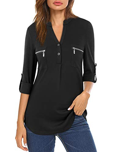 Siddhe Womens 34 Sleeves Button Tunic Shirts for Leggings Casual Dressy Blouse Tops for Work Fall WinterBlack Medium