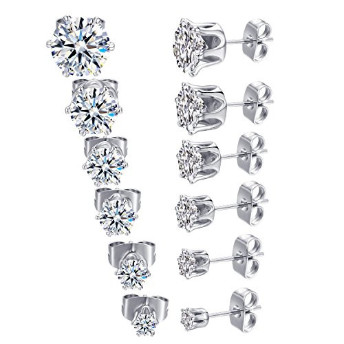 MDFUN 18K White Gold Plated Round Clear Cubic Zirconia Stud Earring Pack of 6 Pairs 6 Pairs