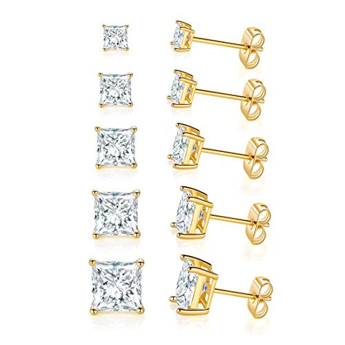 5 Pairs 14K Yellow Gold Plated Princess Cut Clear Cubic Zirconia Stud Earring Set