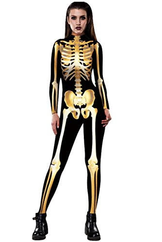 URVIP Women Halloween Skeleton Costume Stretch Skinny Catsuit Jumpsuit Bodysuit ColorBAX007 L