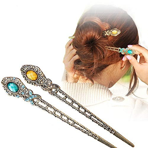 2PCS Chinese Vintage Rhinestone Hair Chopsticks Hair ClipChignon Pin Hair Decor flower Hairpin Metal Hair Stick for Women YellowBlue B 2PCS Chinese Vintage Rhinestone Hair Chopsticks Hair ClipChignon Pin Hair Decor flower Hairpin Metal Hair Stick for Women YellowBlue B