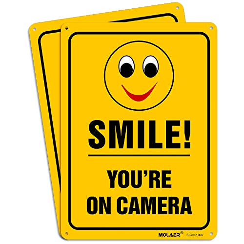 Smile Youre on Camera MOLAER 2Pack Video Surveillance Sign 10 x 7 UV Printed Waterproof Reflective 040 Rust Free Aluminum Material Indoor or Outdoor Use for CCTV Security Camera Warning