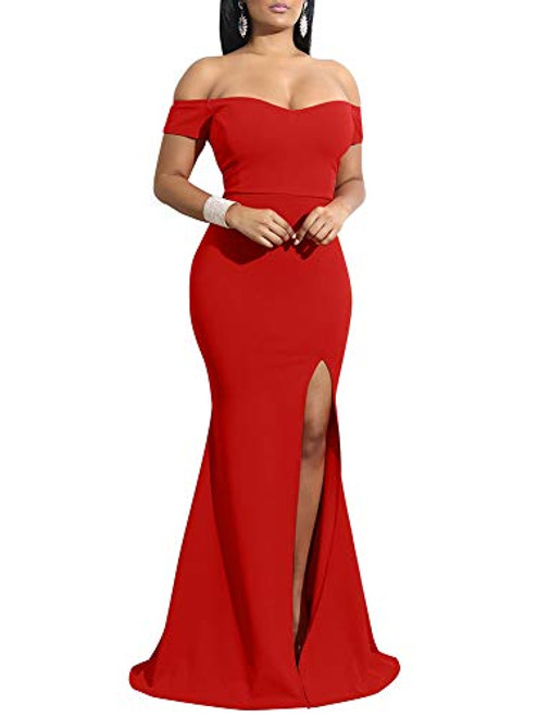 YMDUCH Womens Off Shoulder High Split Long Formal Party Dress Evening Gown Red