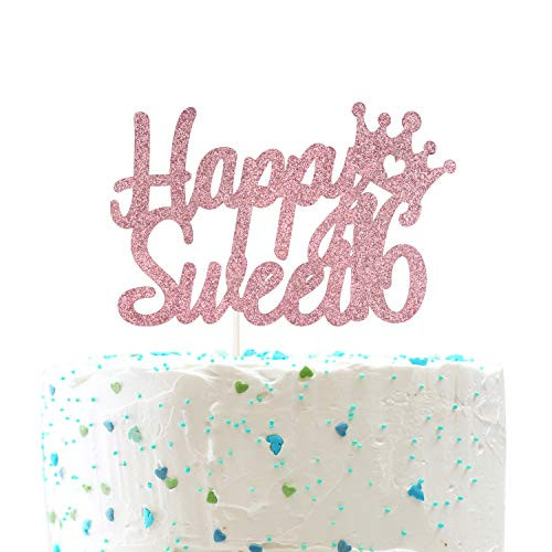 Happy Sweet 16 Cake Topper Celebrate 16th Birthday Party Decorations Queen Crown Happy Sweet Sixteen Sign Double Sided Rose Gold Glitter