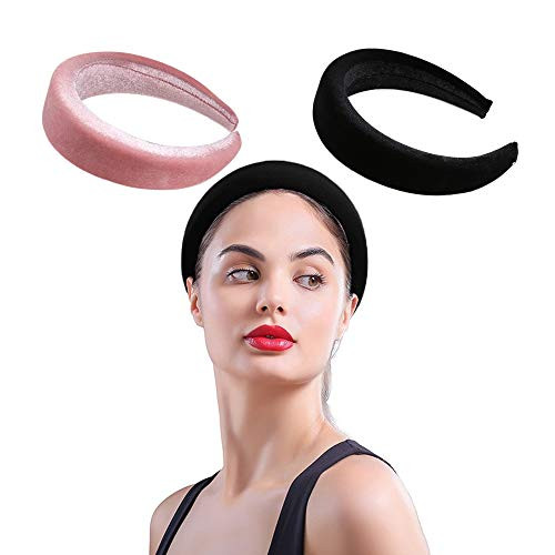 WildWave 2 Counts Padded Headbands Fashion Women Thick Velvet 90s Vintage Hair Accessories Head Hoop Band Headwear Wide Plastic Hairbands for WomenBlackPink