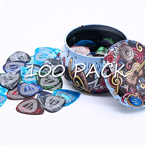 Guitar Picks 100 Pack Assorted Thickness Thin Heavy Medium Guitar Pick Made of Premium Celluloid Variety Guitar Picks Perfect for Beginners Playing Acoustic Electric Guitar Bass and Ukulele