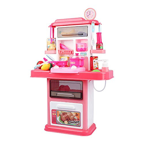 Bigzzia Kitchen Playset Pretend Food Toy Kitchen Set for Kids Kids Play Kitchen with Realistic Sounds Play Kitchen for ToddlersPink