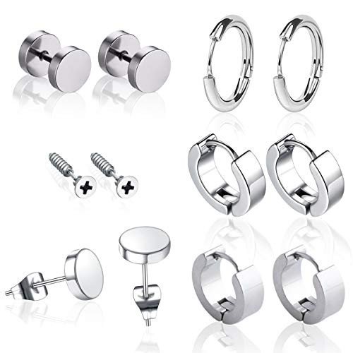 6 Pairs Black Punk Stud Earrings Hoop Earrings Set for Men Women Stainless Steel Huggie Earrings Piercing Silver 6 Pairs Black Punk Stud Earrings Hoop Earrings Set for Men Women Stainless Steel Huggie Earrings Piercing Silver