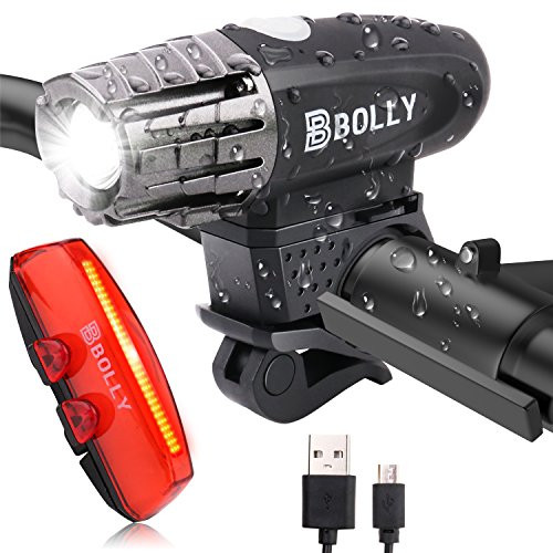 Bolly USB Rechargeable Bike Light Set, 340 Lumens Super Bright Waterproof LED Bicycle Headlight and Taillight Front and Rear Light for Cycling Safety