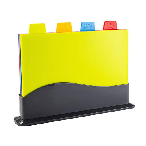 Index Color Coded Plastic Chopping Boards Set of 4 Pieces Food Icons Small Cutting Boards Kitchen Cutting Boards with Storage Stand Dishwasher Safe