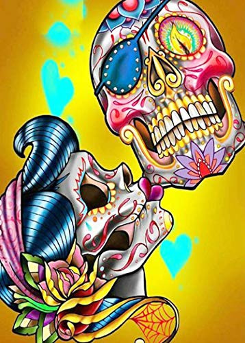 Colorful Skull Couple Love Kiss Diamond Painting Kits Halloween Paint with Diamond by Number Kits 5D Full Drill Round Rhinestone Embroidery Cross Stitch Home Wall D?r 12X16 inch