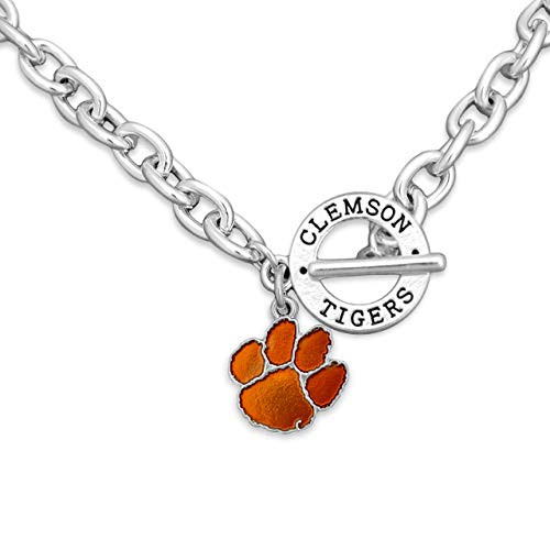 FTH Clemson Tigers Logo Charm Round Toggle Necklace and Silver Tone Chain