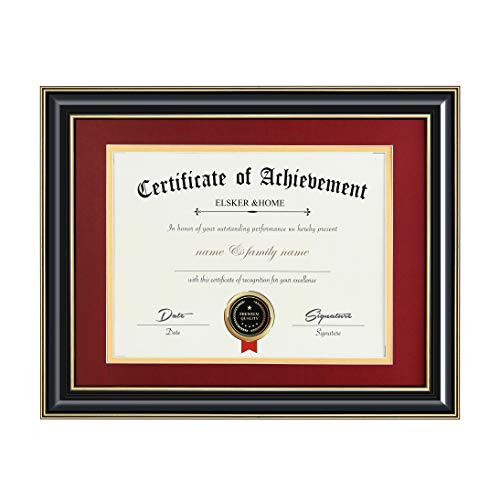 ELSKERHOME 85x11 Document Frame  High Gloss Black Wood Color Frame  Made for Certificates Sized 85x11 Inch with Mat and 11x14 Inch Without Mat Double Mat Red with Golden Rim
