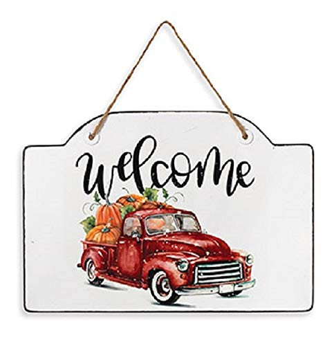 JWM Welcome Fall Pickup Truck Enameled Metal Sign