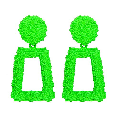WPY Neon Green Raised Design Geometric Rectangle Drop Dangle Statement Fashion Earrings