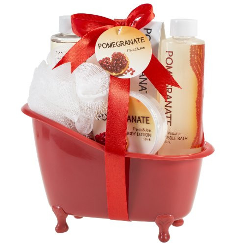 Red Pomegranate Home Spa Bath Gift Basket  Luxury Bath  Body Set For Women  Contains Shower Gel Bubble Bath Body Lotion Pomegranate Bath Salt  Pouf in Red Tub Gifts for Women