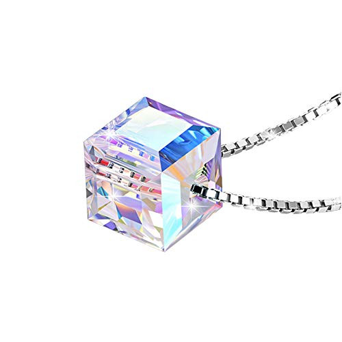 Aocelly Hypoallergenic S925 Sterling Silver Color Changing Square Crystal Necklace With Cube Swarovski Crystal Pendant Jewelry for Women Girls Aocelly Hypoallergenic S925 Sterling Silver Color Changing Square Crystal Necklace With Cube Swarovski Crystal Pendant Jewelry for Women Girls