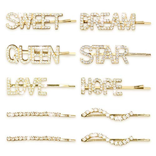 MITAOSLIM 10 Pieces Letter Hair Clip Bling Rhinestone Letter Bobby Pins Word Barrettes Crystal Hair Pins Metal Hair Clips Golden Sparkly Hair Accessories for Women Girls