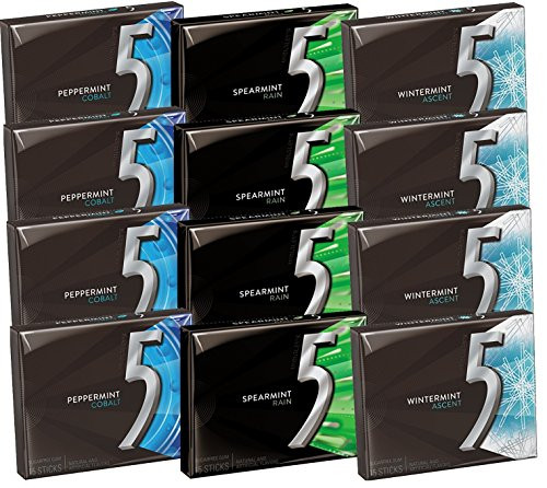 Wrigley 5 Sugar Free Chewing Gum 15 sticks Pack of 12 Variety Pack of Candy with 3 Flavors Peppermint Cobalt Spearmint Rain Wintermint Ascent